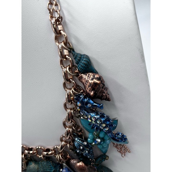 Copper Blue Beach Seashell Starfish Dangle Charms Bib Necklace - Picture 7 of 14